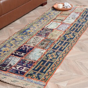 Turkish Rug, 2.4x7 ft Runner Vintage Rug, Oushak Blue Orange Ombré Rug