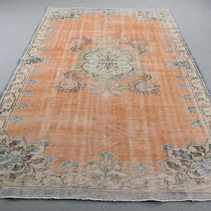 Turkish Rug, Vintage Rug, 6x9 Large Rug, Muted Anatolian Rug, Rugs For Dining Room, 5.7x9.2 ft Orange Rug, Wool Rug With Geometric Patterns,