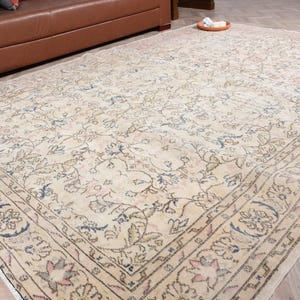 Vintage Turkish Rug, Large Oushak Rug, 7x10 ft Floral Rug, Living Room Wool Carpet, Home Decor, Beige Oriental Rug