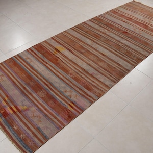 Turkish Runner Rug, Striped Kilim, Vintage Anatolian Kilim, Handmade Carpet, Hallway Runner, 113x223cm