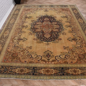 Turkish Rug, 7x9 Large Rugs, Vintage Rug, Antique Anatolian Rug, Rugs For Living Room, 6.5x8.3 ft Blue Rug, Wool Rug, Large Oushak Rug,
