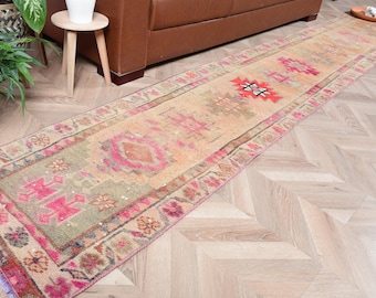 Vintage Turkish Runner, Hallway Rug, Antique Rug, Turkish Carpet, 2x12 ft Orange Rug, Bohemian Home Decor, Unique Floor Rug