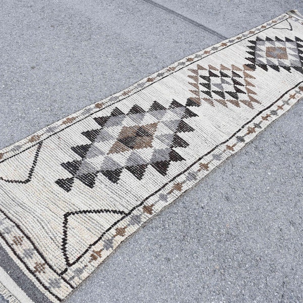 Herki Rug, Vintage Rug, Turkish Rug, Runner Rug, Stair Rug, 30x126 inches Beige Carpet, Handmade Kitchen Rugs,  3662