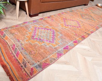 Vintage Rug, Turkish Rug, Runner Rugs, Anatolian Rugs, Rugs For Hallway, 2x11 ft Orange Rug, Stair Rug, Wool Runner Rug