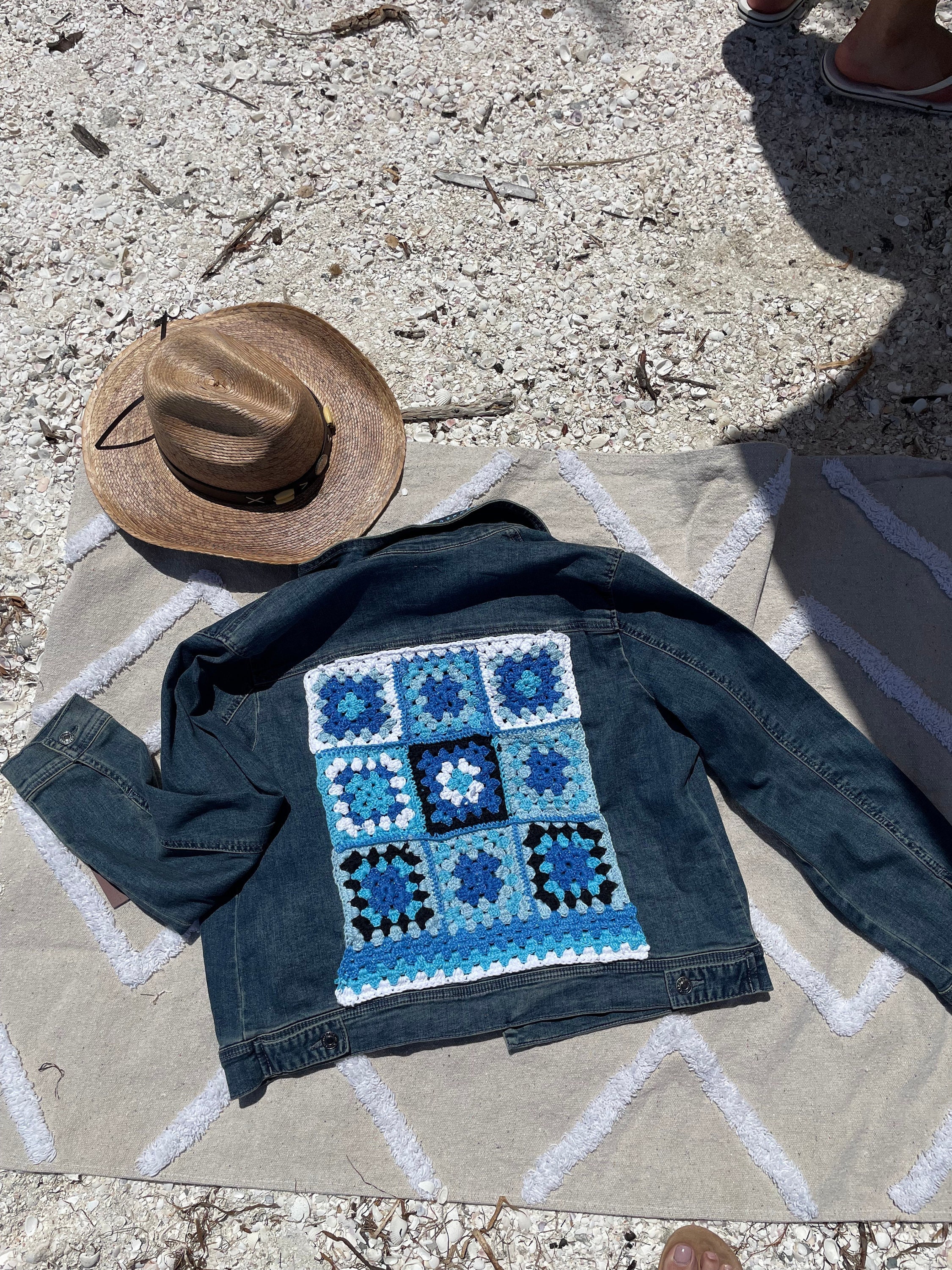 Blue Jacket Patchwork Upcycled Denim Jacket With Blue Crochet Patchwork, Size L - Etsy