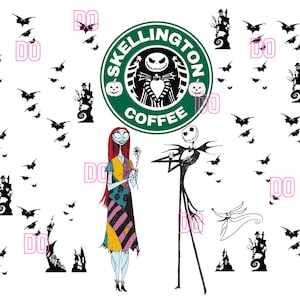 May include: A black and white illustration of Jack Skellington and Sally from the Nightmare Before Christmas movie. The image also includes a green coffee cup with the text "Skellington Coffee" and a black and white silhouette of a haunted house.