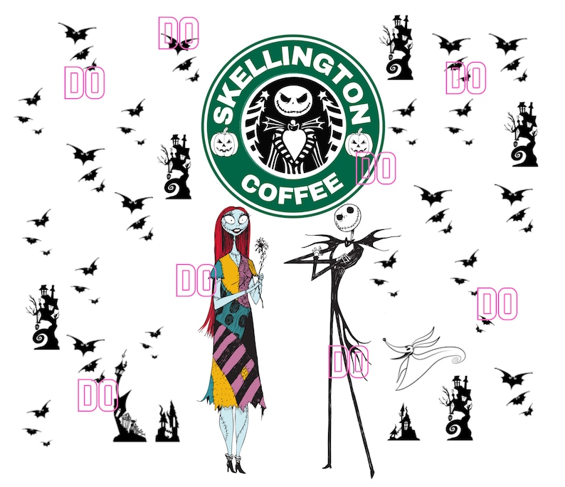 May include: A black and white illustration of Jack Skellington and Sally from the Nightmare Before Christmas movie. The image also includes a green coffee cup with the text "Skellington Coffee" and a black and white silhouette of a haunted house.