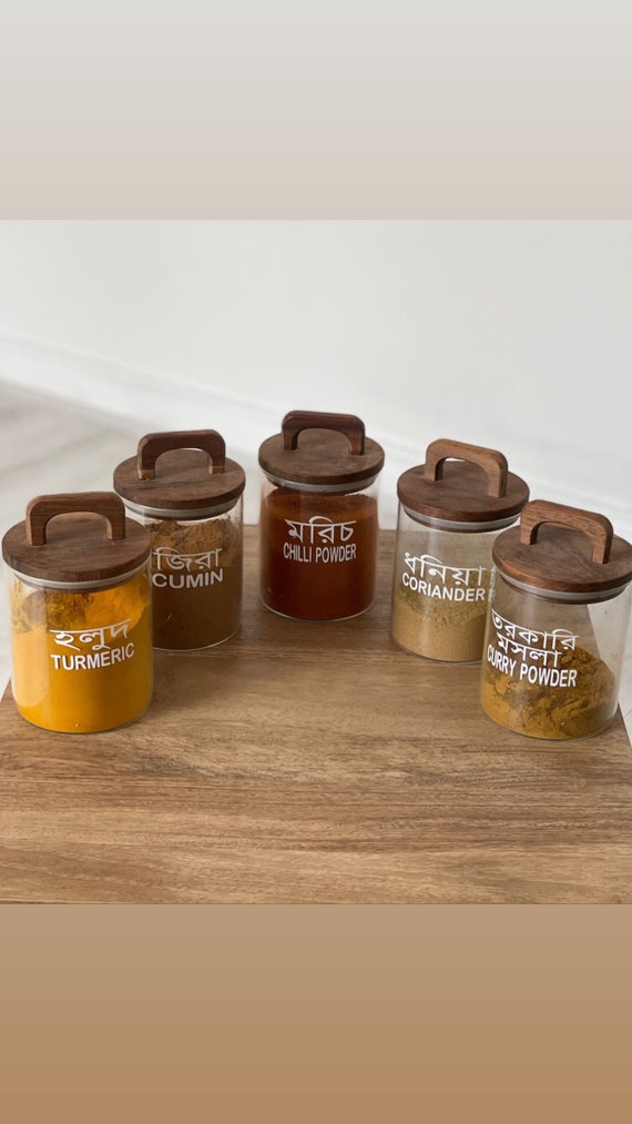 Dual Language Spice Jar Labels: Water Resistant Vinyl Pantry Organisation. Labels only