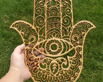Hamsa Hand Wood Wall Hanging: Hand of Fatima Home Decor