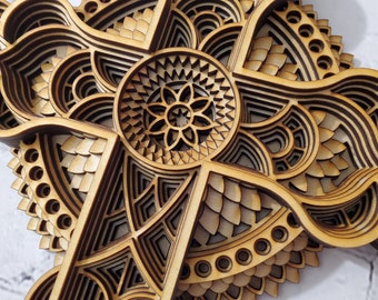 3D Layered Wooden Cross: Mandala Wall Decor