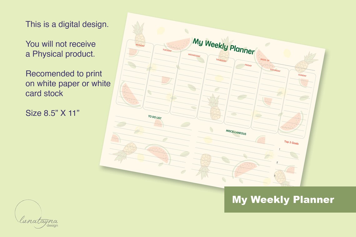 My Weekly Planner and Weekly Meal Plan Printables- Organization, Fruit ...