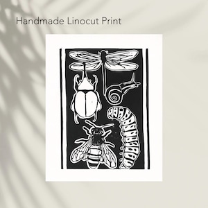 Handmade Assorted Bugs Linocut Print: 8"x10"