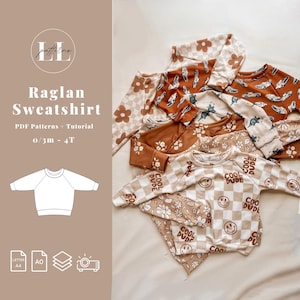 May include: A set of five raglan sweatshirts for babies and toddlers. The sweatshirts are made of soft, comfortable fabric and feature a variety of fun and colorful prints, including checkered patterns, floral designs, and a print with the words "Cool Dude". The sweatshirts are available in sizes 0-3 months to 4T.