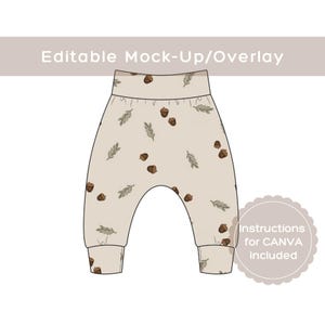 May include: Editable mock-up or overlay of beige trousers with a brown acorn and leaf pattern. Instructions for Canva are included.