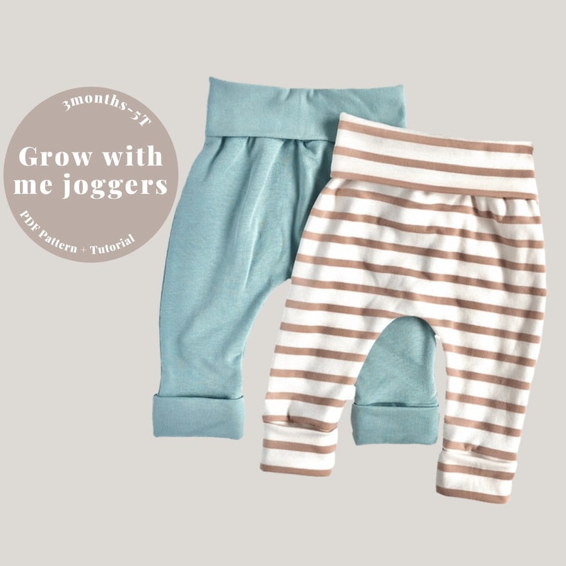 May include: Two pairs of joggers with wide, foldable waistbands and cuffs. One pair is solid teal, and the other features horizontal brown and white stripes. Text on the image reads: 3months-5T Grow with me joggers PDF Pattern + Tutorial.