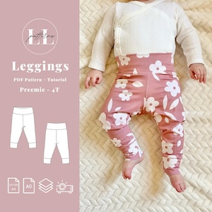 Può includere: Un bambino indossa un top bianco a maniche lunghe e leggings rosa con un motivo floreale bianco. L'immagine include la parola "Leggings" e il testo "PDF Pattern + Tutorial Preemie - 4T".