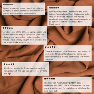 May include: Five customer reviews for a sewing pattern. The reviews are all positive and include phrases like "super easy", "adorable", "perfect", and "confidence".