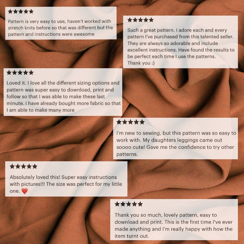 May include: Five customer reviews for a sewing pattern. The reviews are all positive and include phrases like "super easy", "adorable", "perfect", and "confidence".