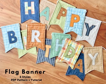 Happy Birthday flag garland pattern, Flag bunting garland sewing pattern, Bunting flag garland pattern, Fabric flag garland, Flag garland