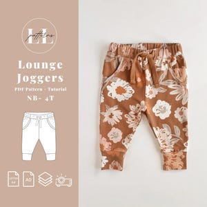 May include: Brown lounge joggers with a floral design, drawstring waist, and pockets. The text on the left reads "LL patterns" and "Lounge Joggers PDF Pattern + Tutorial NB-4T". A diagram of the joggers is also shown.