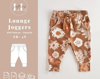 May include: Brown lounge joggers with a floral pattern, featuring a drawstring waist and pockets. The text on the left side reads "LL patterns" and "Lounge Joggers PDF Pattern + Tutorial NB-4T". A diagram of the joggers is also shown.