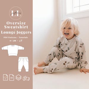 Puede incluir: Un patrón de descarga digital para un jersey de gran tamaño y pantalones de chándal para bebés y niños pequeños. El patrón incluye instrucciones para las tallas de 0 a 3 meses a 4T. La imagen muestra a un niño con un atuendo similar.