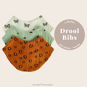 May include: Three drool bibs in different patterns: orange with black flowers, green with black sharks, and white with black butterflies. The bibs are made of soft, absorbent fabric. The text "2 Styles Drool Bibs PDF Pattern + Tutorial" is on a circle in the background.