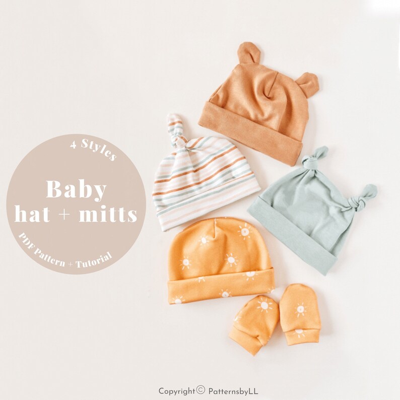 May include: Four styles of baby hats and mittens. The hats are in different colours and patterns, including striped, solid, and sun-printed. The mittens are yellow with a sun print.