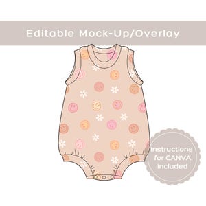 May include: A light tan baby romper with a pattern of smiling faces and small white flowers. The text "Editable Mock-Up/Overlay" is at the top. The romper has a round neckline and snap closures at the bottom.