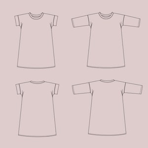 K&ouml;nnte beinhalten: Vier Strichzeichnungen eines einfachen T-Shirt-Kleides mit kurzen und Dreiviertel&auml;rmeln. Das Kleid hat einen runden Ausschnitt und einen geraden Saum.