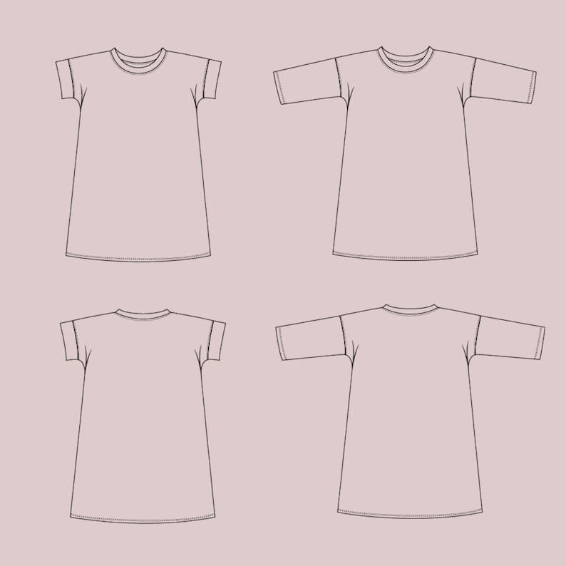 K&ouml;nnte beinhalten: Vier Strichzeichnungen eines einfachen T-Shirt-Kleides mit kurzen und Dreiviertel&auml;rmeln. Das Kleid hat einen runden Ausschnitt und einen geraden Saum.