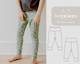 May include: A PDF pattern and tutorial for making leggings for children sizes 5Y - 12Y. The pattern includes two views, one with a cuffed hem and one with a straight hem. The image shows a child wearing a pair of green leggings with a floral print.