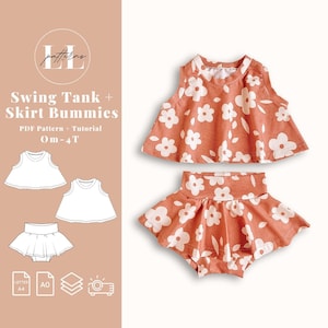 May include: A PDF pattern for a sleeveless swing tank top and a skirt with a floral print. The pattern is for sizes 0-4T. The pattern is available in letter and A0 sizes.