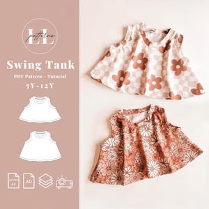 May include: A digital sewing pattern for a sleeveless swing tank top for girls. The pattern is available in sizes 5-12 years. The image shows two examples of the tank top made with different floral fabrics. The pattern is available in letter and A0 sizes.