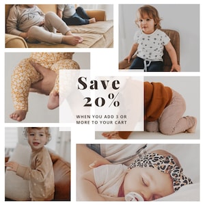 May include: A collage of images featuring babies and toddlers wearing various clothing items. The text "Save 20% When you add 3 or more to your cart" is displayed on a white background.