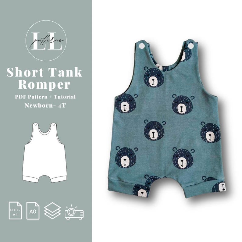 May include: A PDF pattern and tutorial for a short tank romper with a bear print. The pattern is available in sizes newborn to 4T.