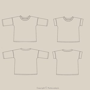 May include: Four line drawings of t-shirts with short sleeves. The t-shirts are all the same style, but are shown in different sizes.