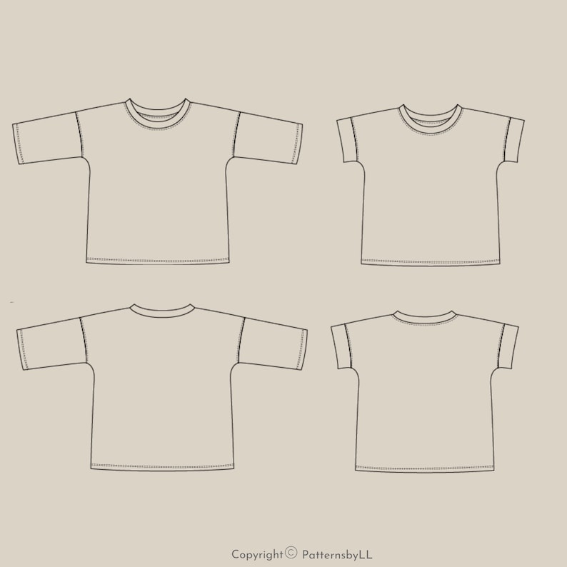 May include: Four line drawings of t-shirts with short sleeves. The t-shirts are all the same style, but are shown in different sizes.