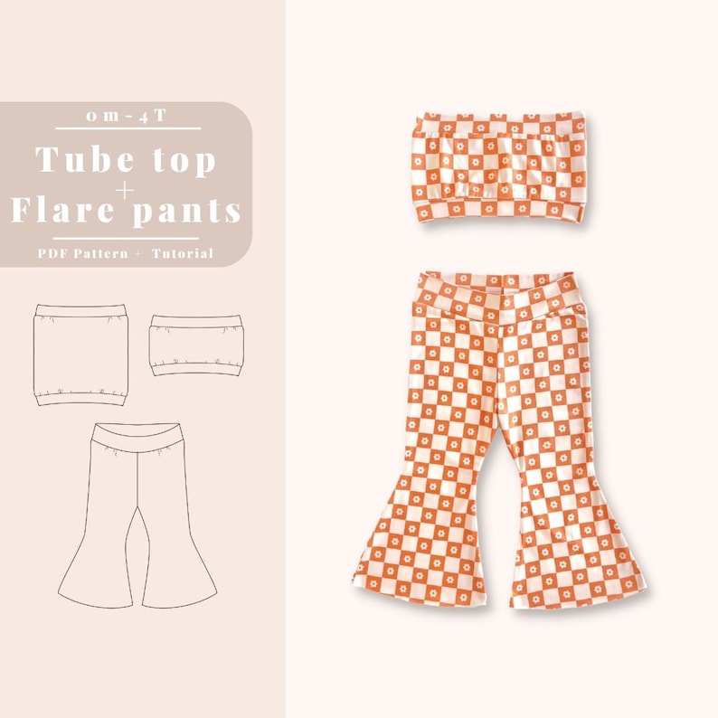 May include: A sewing pattern for a tube top and flare pants for children sizes 0-4T. The pattern is shown in a checkered print with small white flowers.