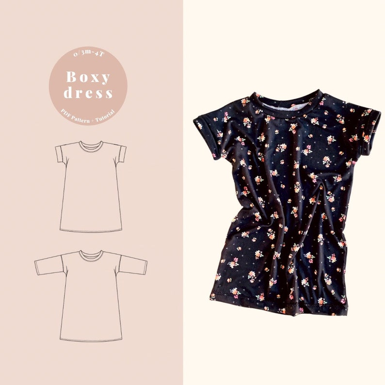 Op de afbeelding: Een zwart-witte lijntekening van een boxy jurk met korte mouwen. De jurk wordt in twee verschillende weergaven getoond, een met opgerolde mouwen en een met neergelaten mouwen. De tekst "Boxy dress" staat in een cirkel boven de tekeningen. De tekst "PDF Pattern - Tutorial" staat onder de tekeningen.