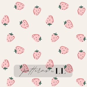 Può includere: Uno schema senza cuciture con fragole rosa con foglie verdi su uno sfondo beige chiaro. Il testo "patterns by LL" è nella parte inferiore dell'immagine.