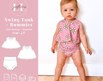Baby girl summer outfit with bummie shorts sewing pattern, Baby girl bummie shorts pattern, Summer baby bummie outfit pattern, Bummie shorts