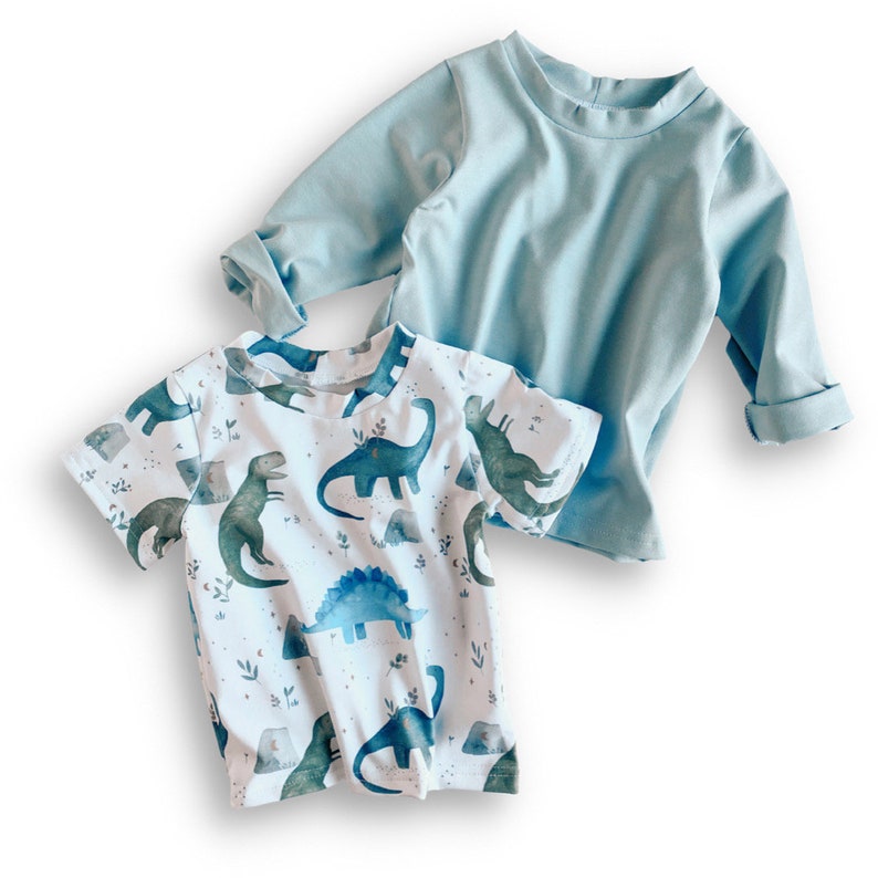 May include: Two t-shirts, one light blue and one white with a dinosaur print. The white t-shirt has a variety of dinosaurs in blue and green.