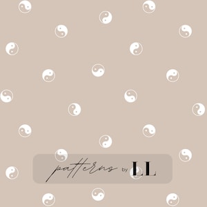May include: A seamless pattern featuring white yin yang symbols on a light brown background. The text "patterns by LL" is at the bottom of the image.