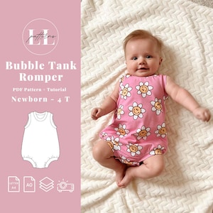 May include: A pink baby romper with a white daisy print featuring a smiley face in the centre of each daisy. The romper is sleeveless and has a gathered bottom. The romper is on a white blanket. The text "Bubble Tank Romper" is in the top left corner of the image. The text "PDF Pattern + Tutorial" is below the romper name. The text "Newborn - 4T" is below the tutorial text. The image also includes icons for letter, A0, and projector sizes.