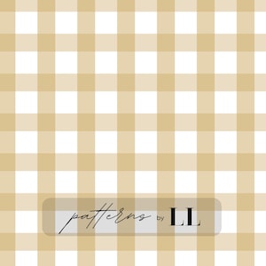Puede incluir: Un patrón sin costuras con un diseño de cuadros vichy blancos y beige. El patrón se repite en toda la imagen. El texto "patterns by LL" está en la parte inferior de la imagen.