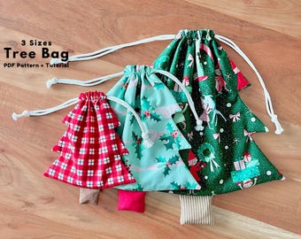 Reusable Christmas Gift Bag Sewing Pattern, Christmas Tree Drawstring Bag, 3 Sizes, Fully Lined Beginner PDF Sewing Project