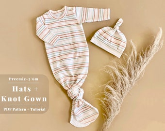Puede incluir: Un gorro de punto a rayas y un vestido anudado a juego para un bebé recién nacido. El vestido es blanco con rayas rosas, marrones y azules. El gorro tiene un nudo en la parte superior. El texto "Preemie-3/6m Hats + Knot Gown PDF Pattern + Tutorial" es visible en la imagen. Copyright © PatternsbyLL también es visible.
