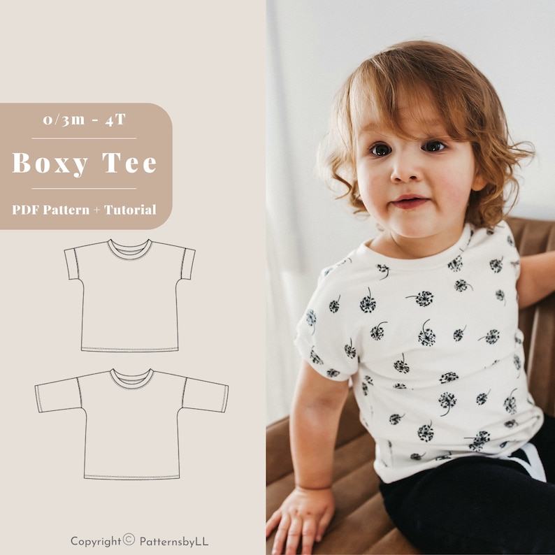 May include: A digital PDF pattern for a boxy tee shirt for babies and toddlers, sizes 0/3 months to 4T. The pattern includes a line drawing of the shirt and the text "Boxy Tee" and "PDF Pattern + Tutorial".