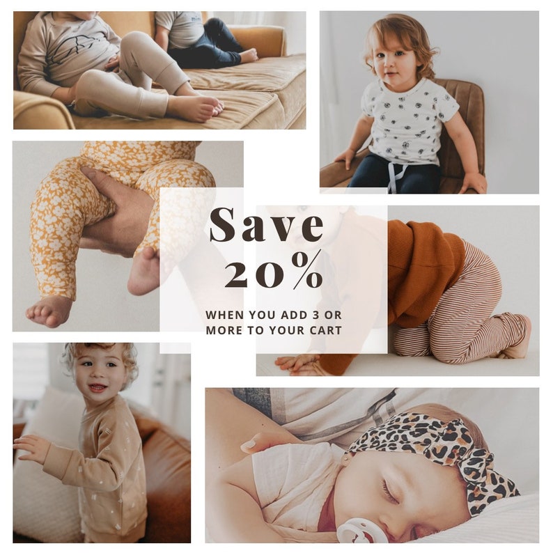 May include: A collage of images featuring babies and toddlers wearing various clothing items. The text "Save 20% When you add 3 or more to your cart" is displayed on a white background.